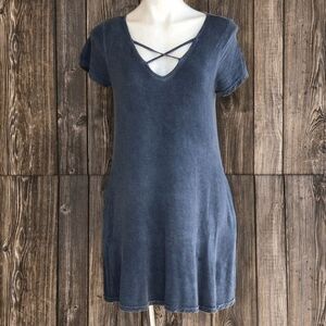 UMGEE Small Dress Cross Strap V-neck Blue Tee Shirt Pockets
